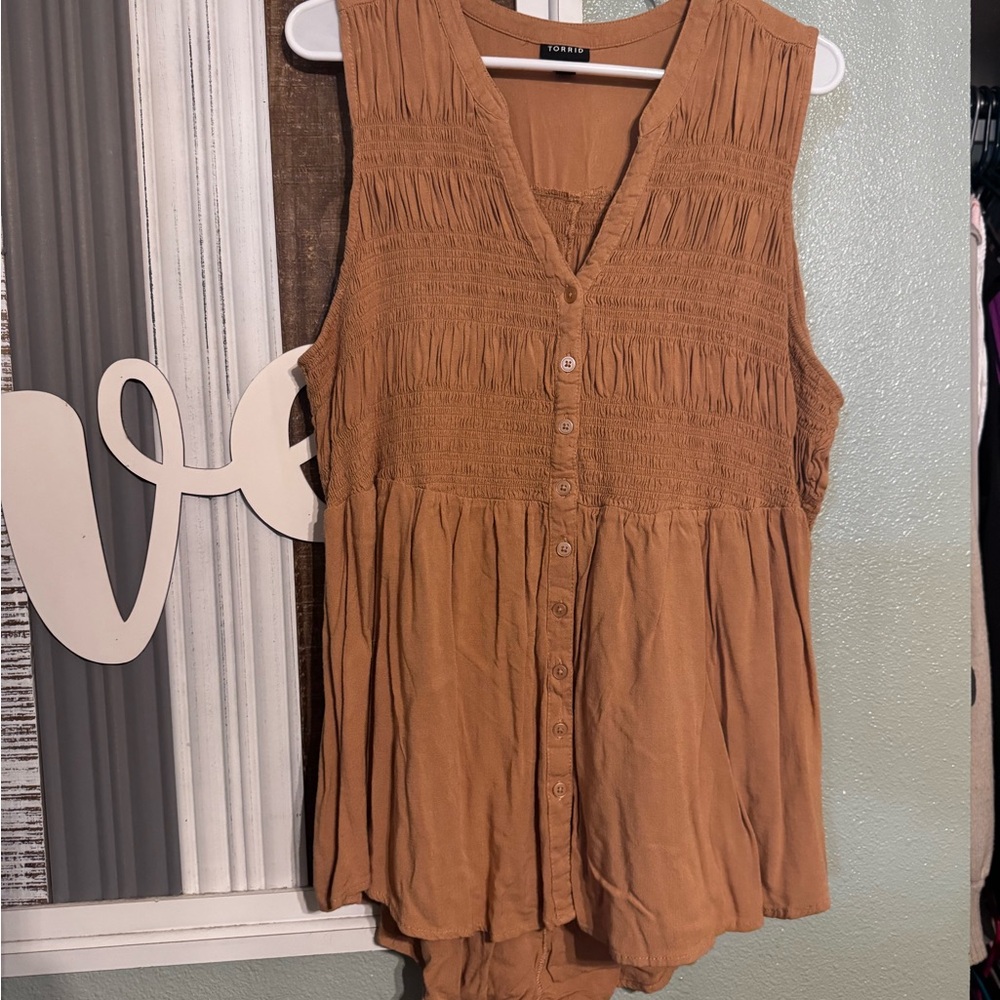 Torrid Brown Smocked Peplum Blouse Sleeveless